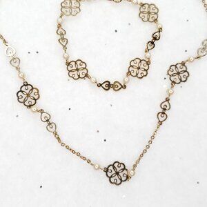 Vintage Avon Floral Heart Necklace Bracelet Station Chain Faux Pearl Gold Tone